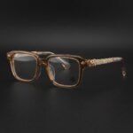 Unisex Translucent Amber Square Glasses – Vintage Engraved Frames