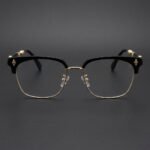Unisex Vintage Browline Eyeglasses – Black & Gold Half-Rim Frames - Image 2